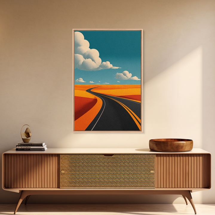 Curving Blacktop Across Orange Desert Canvas Print, Mid Century Modern Wall Art, Retro Road Trip Landscape Poster Home Decor