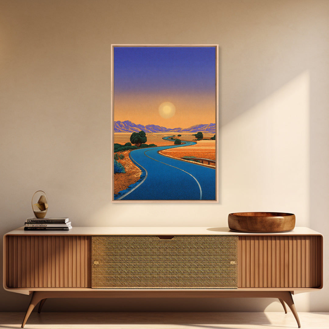 Golden Sunset Road Through Valley Wall Art, Mid Century Modern Landscape Print, Retro California Desert Home Decor Poster