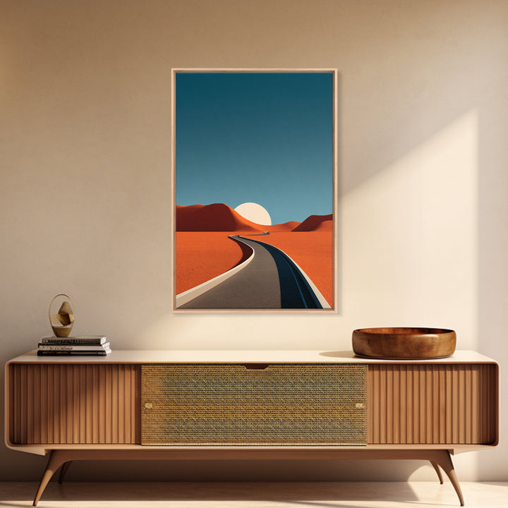 Minimal Desert Road With Low Sun Framed Canvas Print, Modern Abstract Wall Art, Midcentury Southwest Landscape Decor Poster