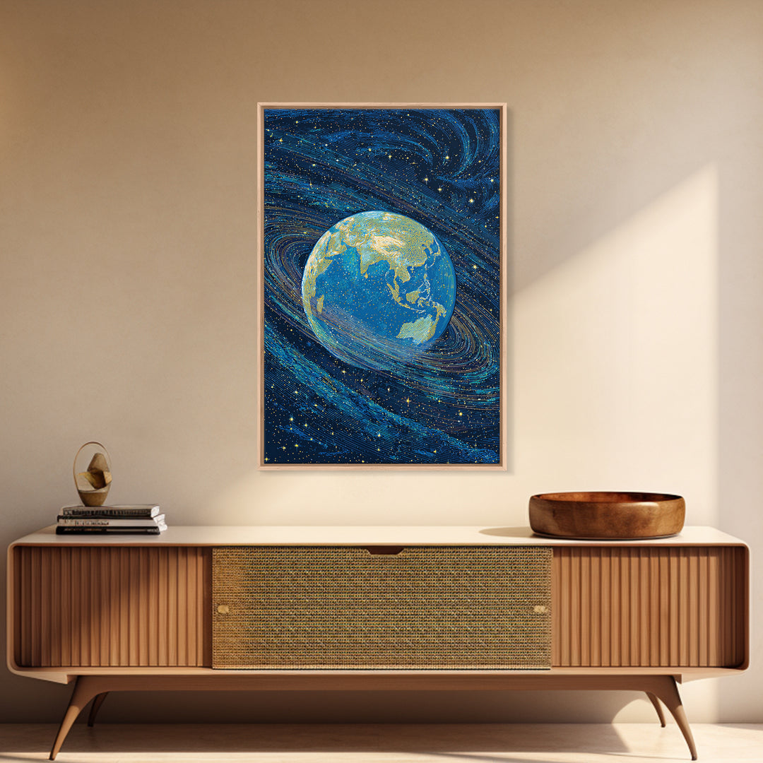 Blue Earth Wrapped In Starry Cosmic Swirls Wall Art, Modern Abstract Art Print, Retro Sci Fi Space Home Decor Poster Gift