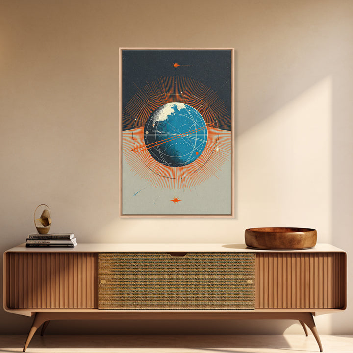 Orange Orbit Planet With Radiating Lines Framed Canvas Print, Modern Abstract Wall Art, Retro Sci Fi Space Decor Poster Gift