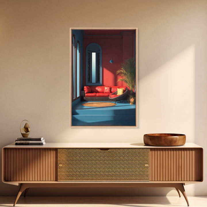 Red Sofa Blue Arch Interior Wall Art, Midcentury Modern Decor, Palm Springs Style, Bold Living Room Canvas Print Statement Home Decor