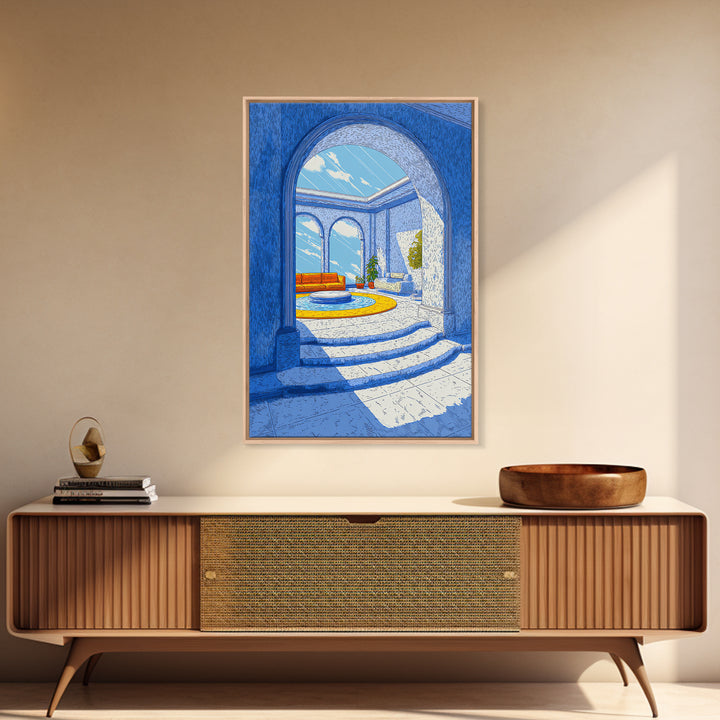 Blue Arched Sunroom With Orange Sofa Framed Canvas Print, Midcentury Modern Wall Art, Mediterranean Living Room Decor Poster