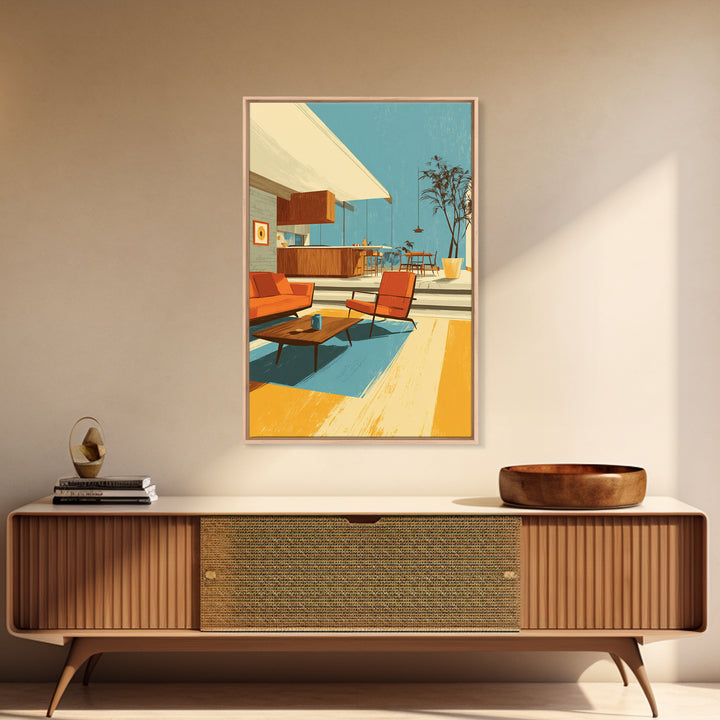 Orange Patio Chairs And Sunny Kitchen Wall Art, Midcentury Modern Decor, Retro Palm Springs Canvas Print, Bright Home Decor