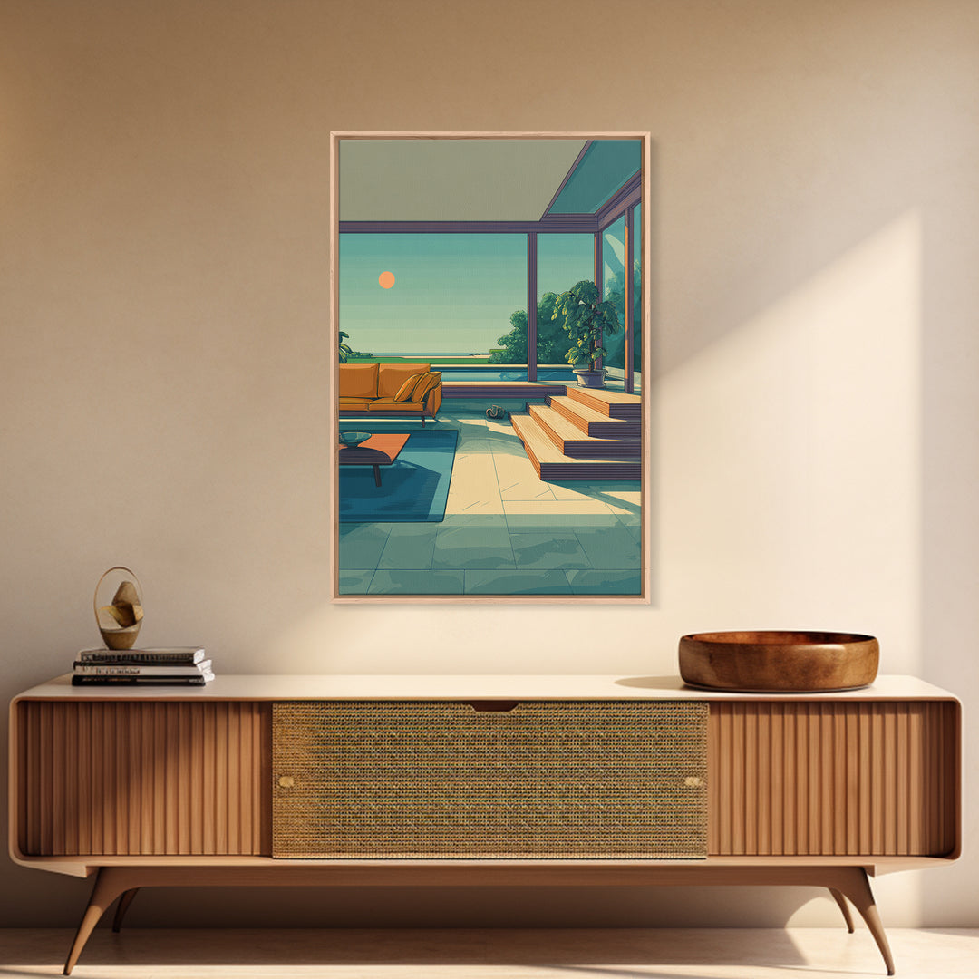 Orange Sofa Ocean View Living Room Canvas Print, Midcentury Modern Wall Art, Coastal Sunset Decor, Retro Home Office Poster