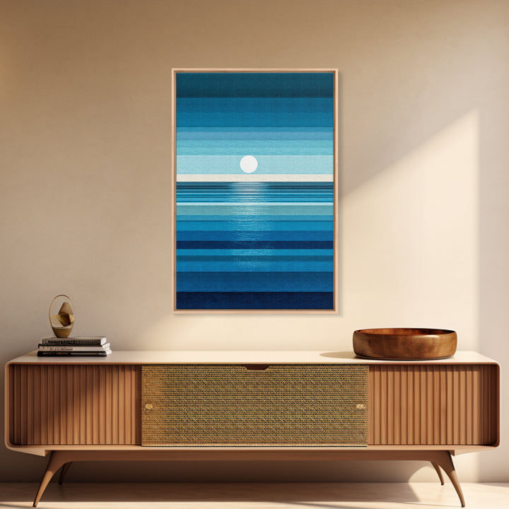 Minimal Blue Ocean Moon Stripes Wall Art, Modern Abstract Art Print, Coastal Bedroom Decor, Scandinavian Modern Canvas Print