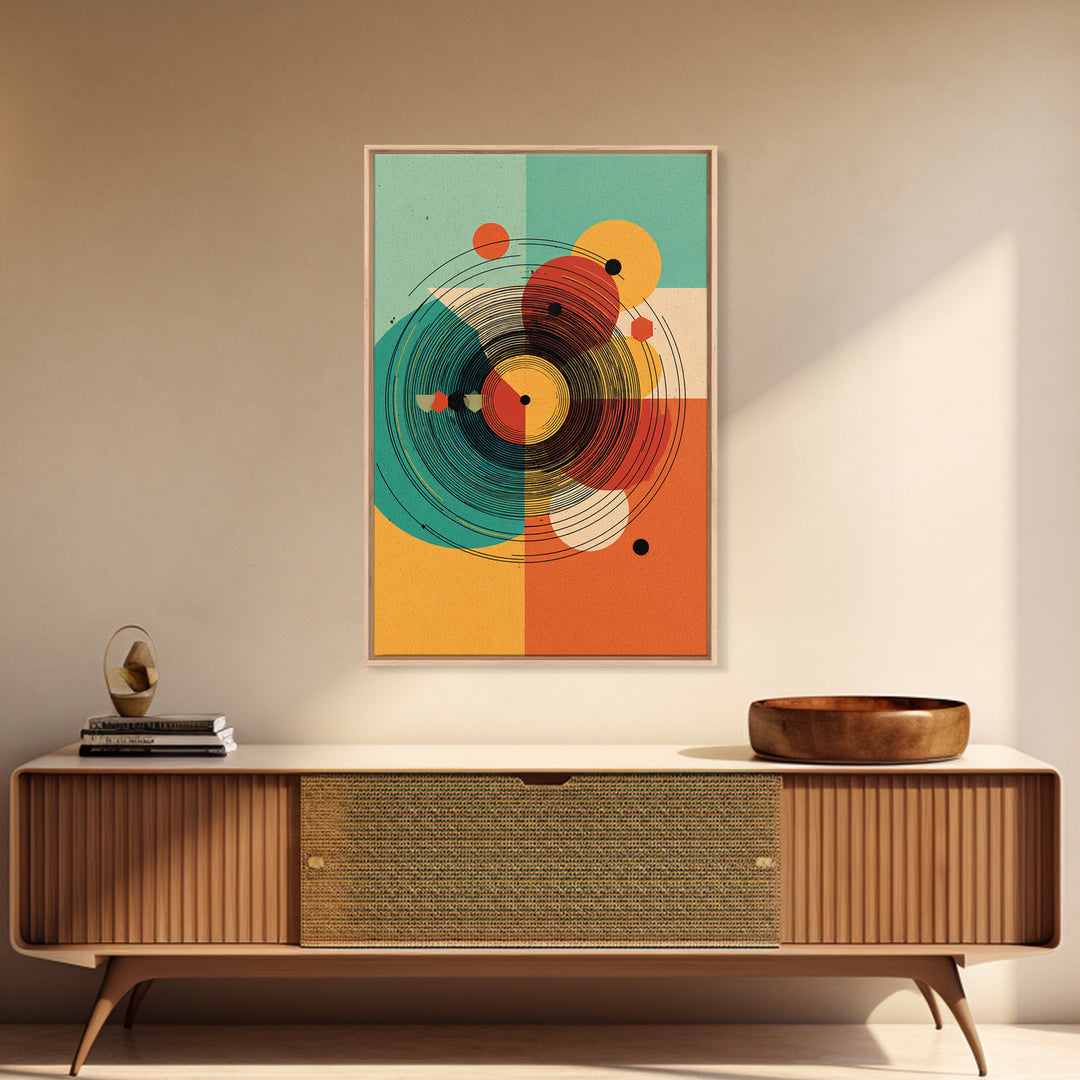 Concentric Circle Abstract Canvas Print, Midcentury Modern Wall Art, Teal Orange Bauhaus Poster, Retro Geometric Home Decor