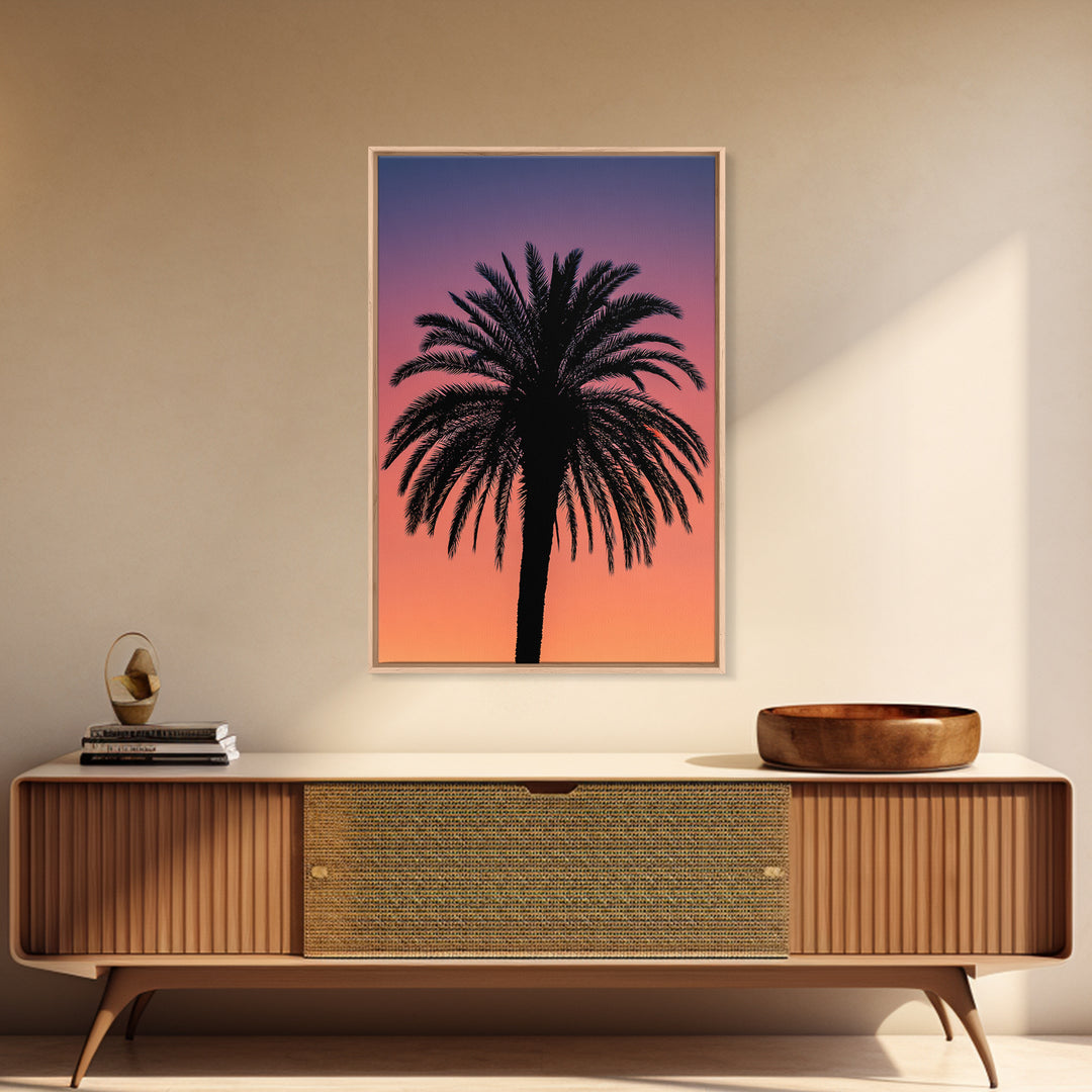 Black Palm Silhouette At Purple Orange Sunset Wall Art, Retro Tropical Poster, Palm Springs Decor, Coastal Home Decor Print