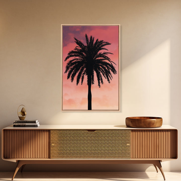 Cloudy Coral Palm Silhouette Sunset Canvas Print, Retro Tropical Wall Decor, Palm Springs Poster, Coastal Bedroom Art Print