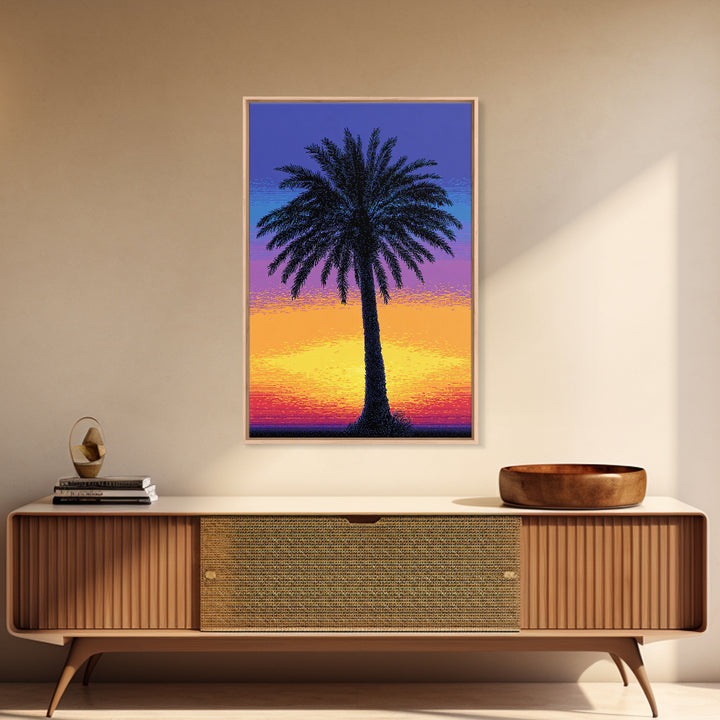Pixel Palm Tree Against Blue Yellow Sunset Wall Art, Retro Digital Poster, Tropical MCM Wall Decor, Colorful Coastal Print