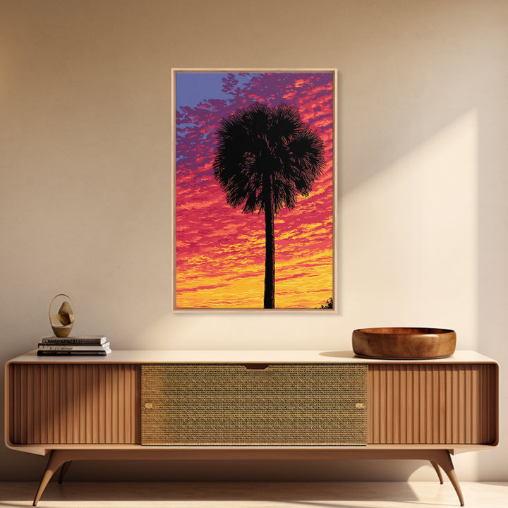 Fiery Palmetto Silhouette In Magenta Sunset Wall Art, Retro Tropical Poster, Palm Springs Decor, Bold Coastal Art Print Gift