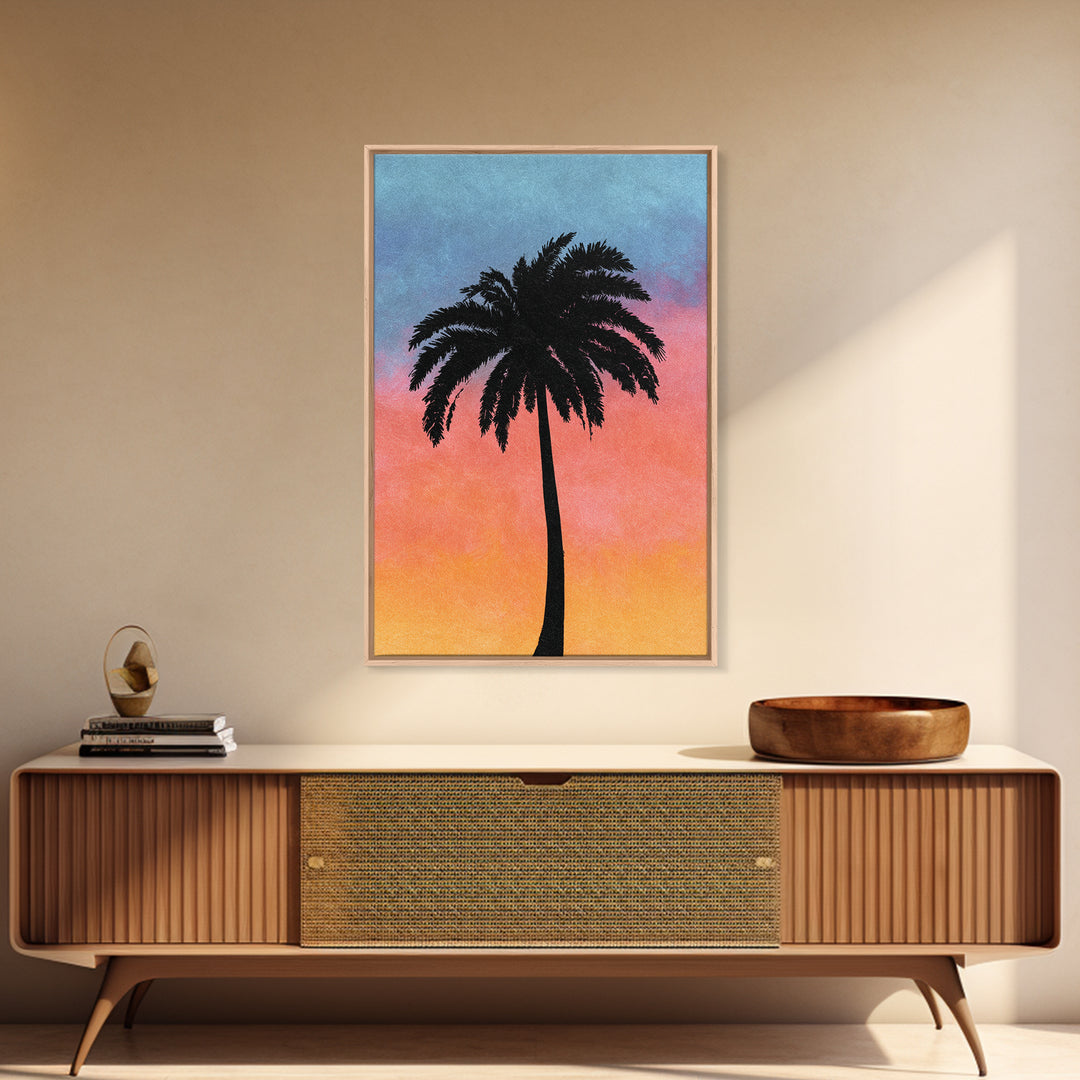 Textured Palm Silhouette With Coral Blue Sky Canvas Print, Retro Tropical Wall Decor, Palm Springs Style, Coastal Art Print