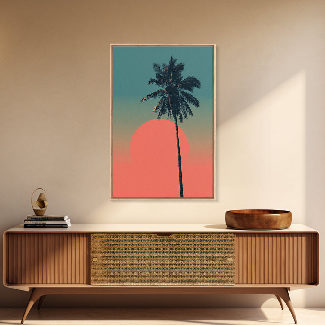 Minimal Palm Tree With Coral Sun Canvas Print, Retro Tropical Poster, Palm Springs Decor, Mid Century Modern Wall Art Print