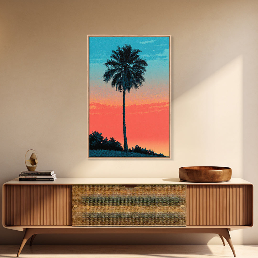 Tall Palm Silhouette In Turquoise Coral Sunset Wall Art, Retro Tropical Poster, Palm Springs Decor, Coastal Home Art Print