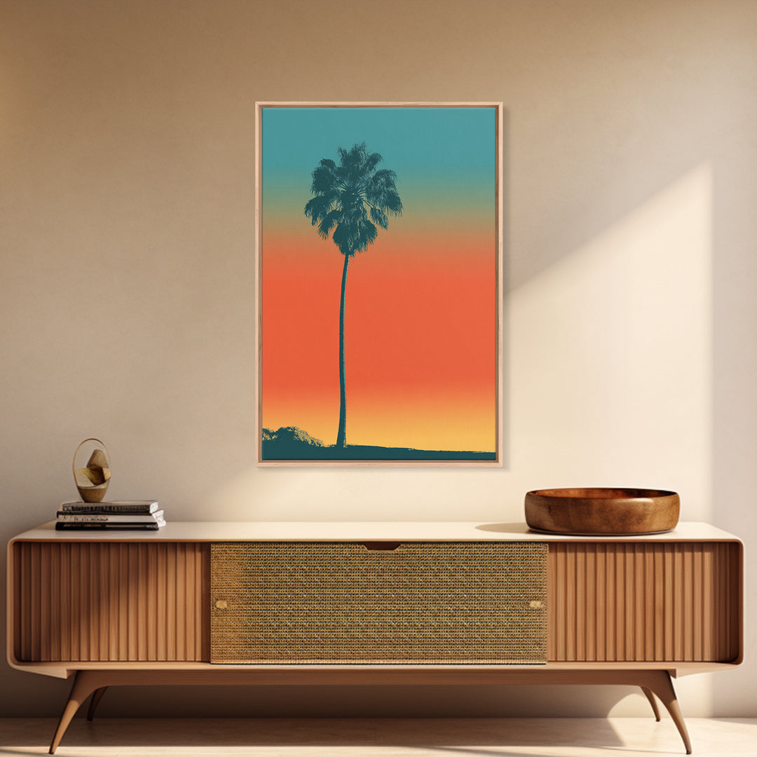 Lone Palm Tree On Orange Teal Horizon Canvas Print, Minimal Retro Tropical Poster, Palm Springs Decor, Coastal Wall Art Print