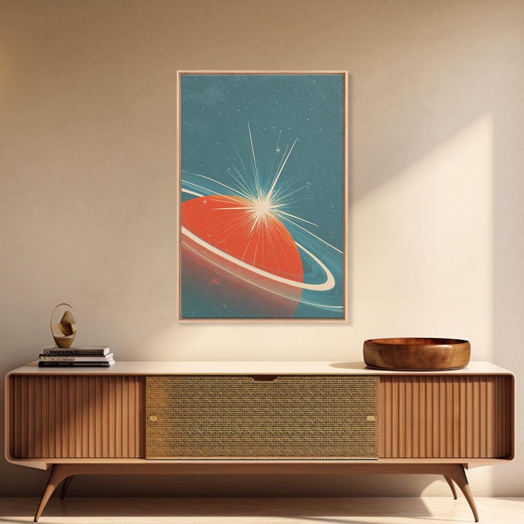 Retro Ringed Planet With Starburst Framed Canvas Print, Mid Century Modern Wall Art, Space Abstract Poster, Sci Fi Decor