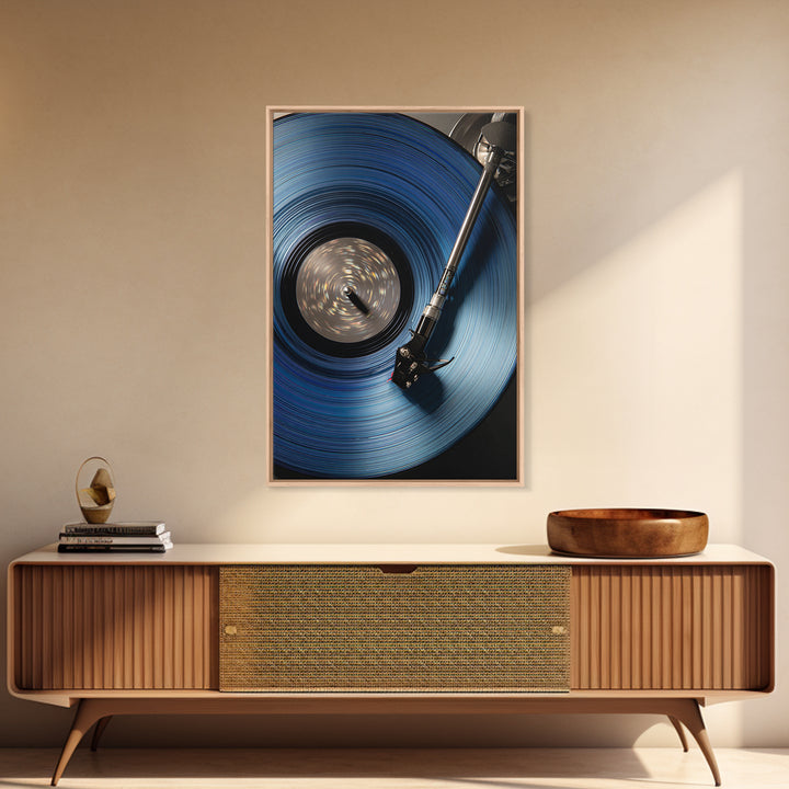 Blue Vinyl Record Canvas Print, Modern Wall Art For Music Lovers, Retro Turntable Poster, Moody Home Office Decor Gift For Him