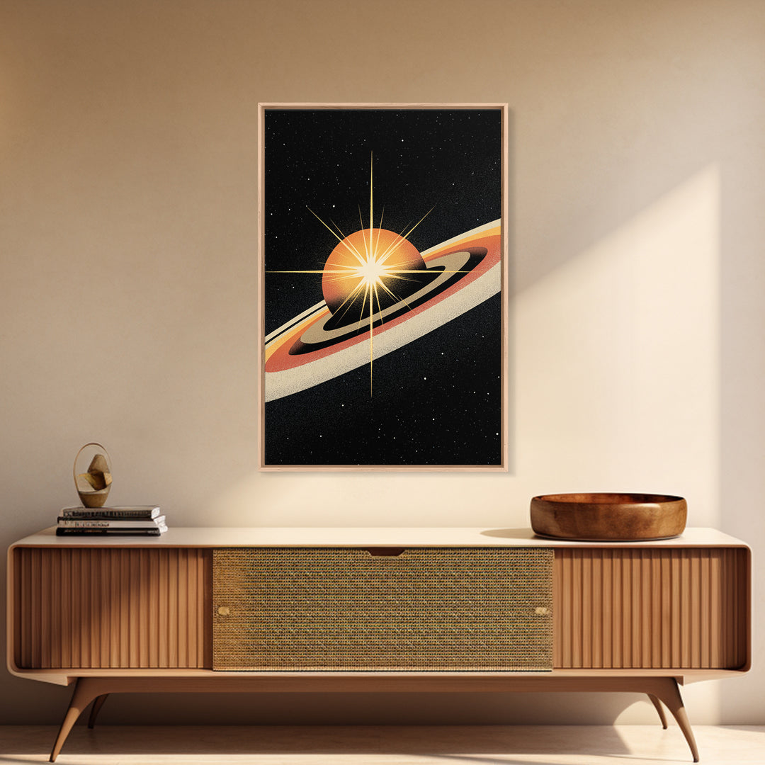 Orange Ringed Planet Starburst Wall Art, Retro Sci Fi Space Poster, Midcentury Modern Art Print, Cosmic Retro Decor Gift