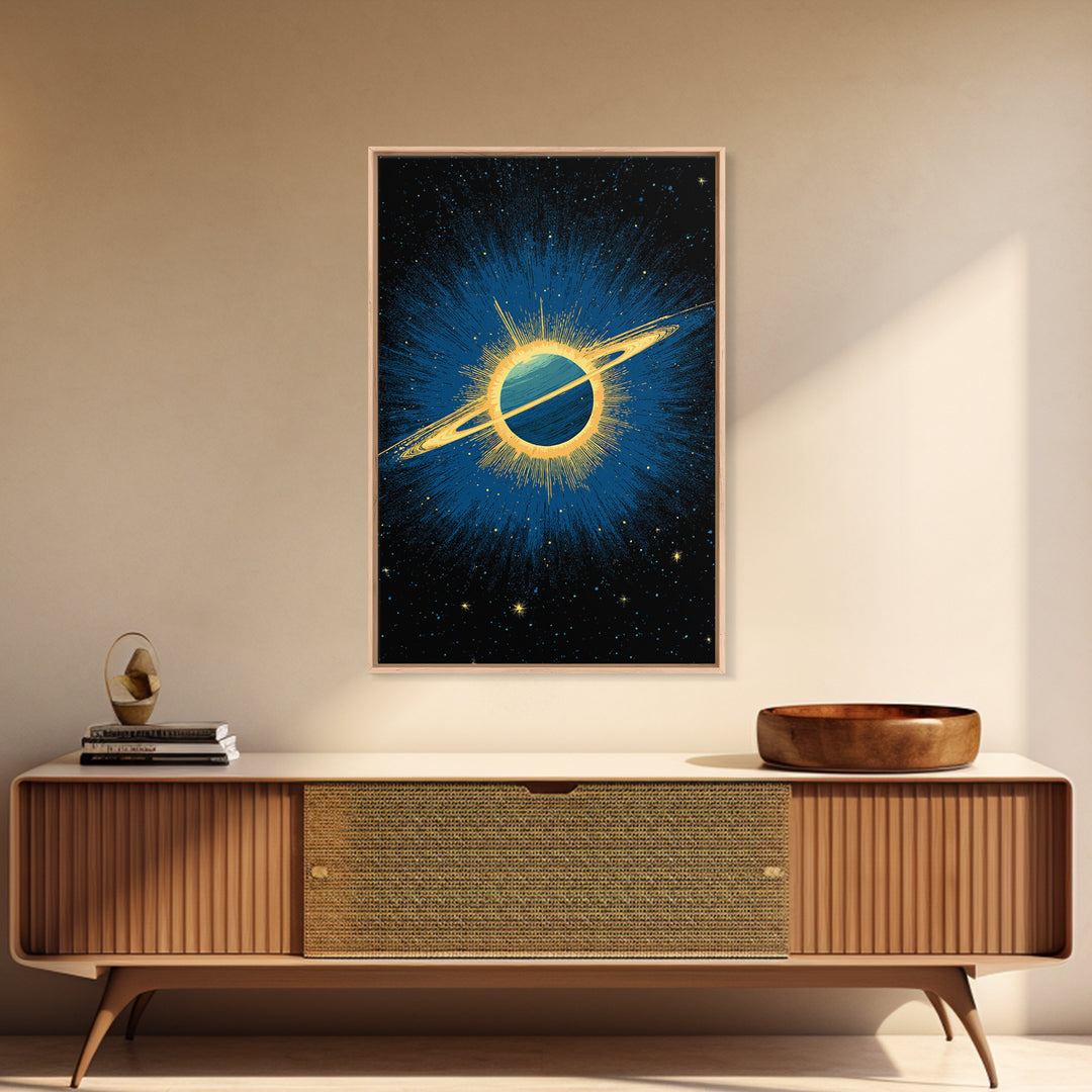 Blue Saturn Eclipse Burst Canvas Print, Retro Sci Fi Space Poster, Modern Wall Art, Midcentury Cosmic Decor, Galaxy Gift