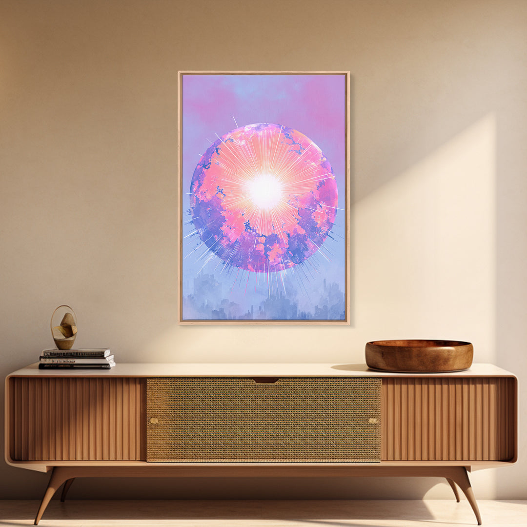 Pink Glowing Planet Over Skyline Wall Art, Pastel Sci Fi Poster, Modern Art Print, Dreamy Space Decor, Retro Galaxy Gift