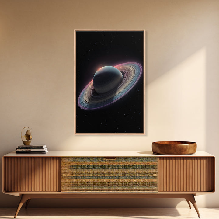 Dark Saturn With Iridescent Rings Wall Art, Realistic Sci Fi Space Poster, Modern Art Print, Cosmic Retro Home Decor Gift