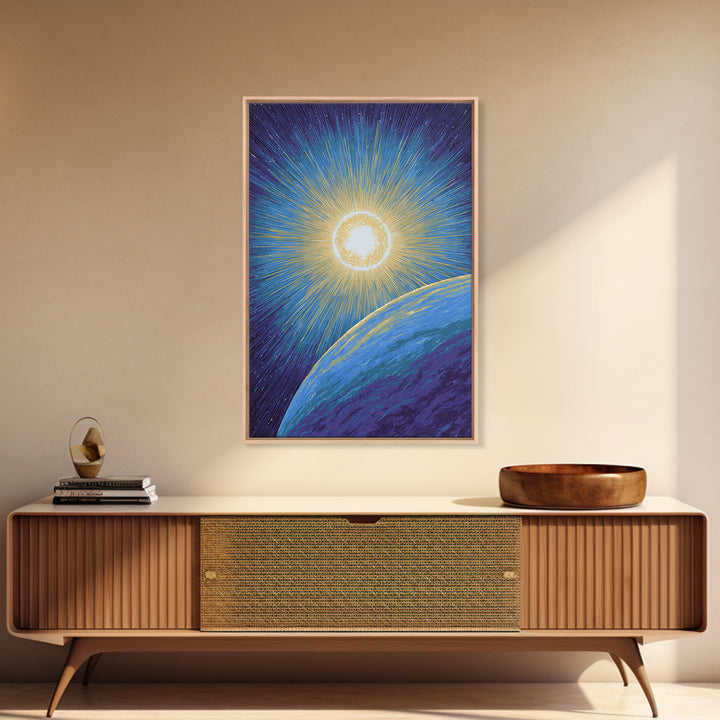Radiant Sun Above Blue Planet Canvas Print, Retro Sci Fi Space Poster, Modern Wall Art, Midcentury Cosmic Home Decor Gift