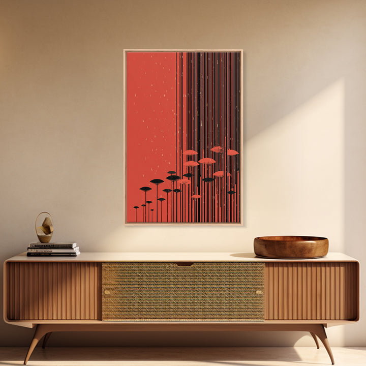 Red Abstract Rain Umbrella Wall Art, Midcentury Modern Art Print, Japanese Poster Style, Geometric Retro Home Decor Gift