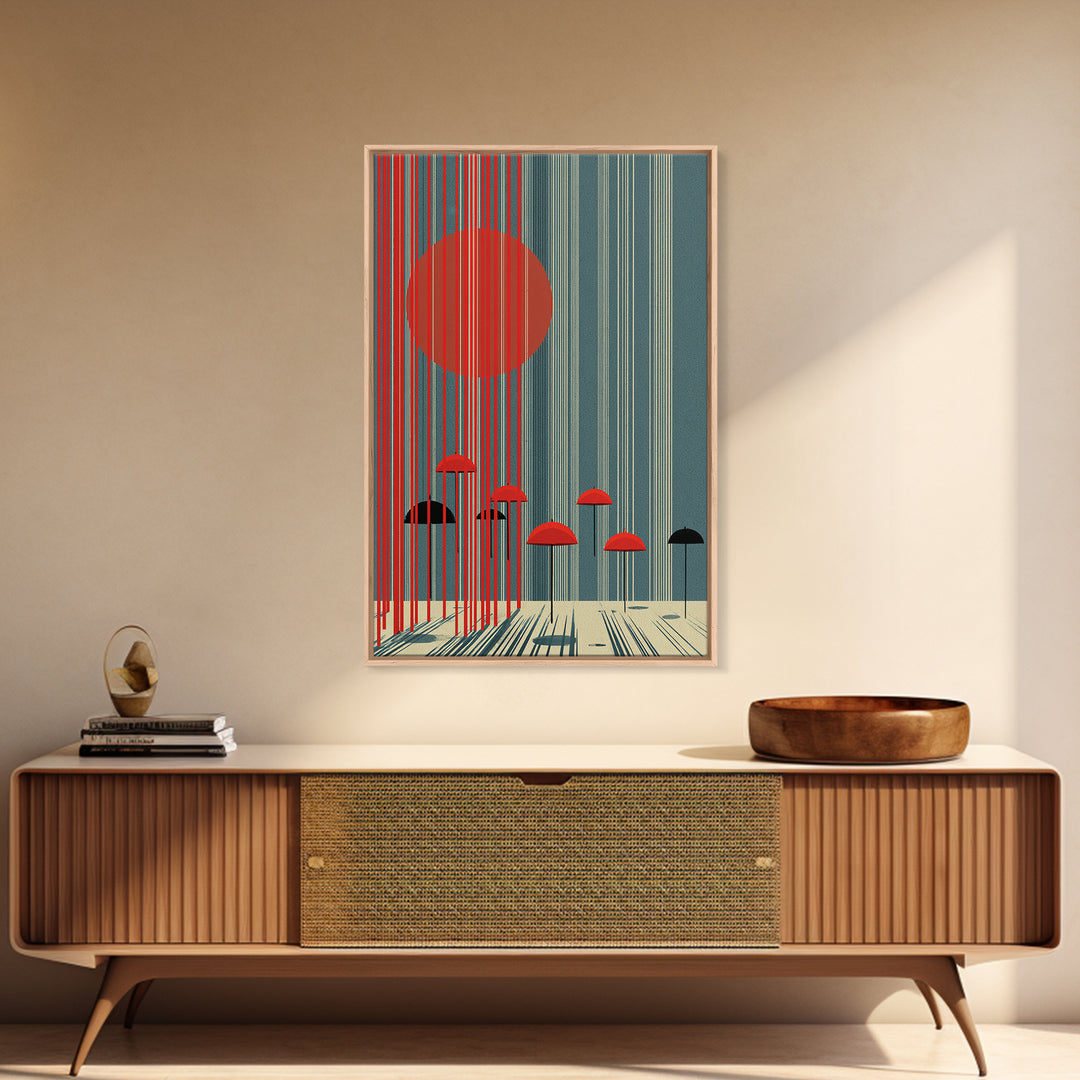 Teal Red Sun And Rain Umbrellas Canvas Print, Midcentury Modern Wall Art, Geometric Japanese Poster, Retro Decor Gift Idea