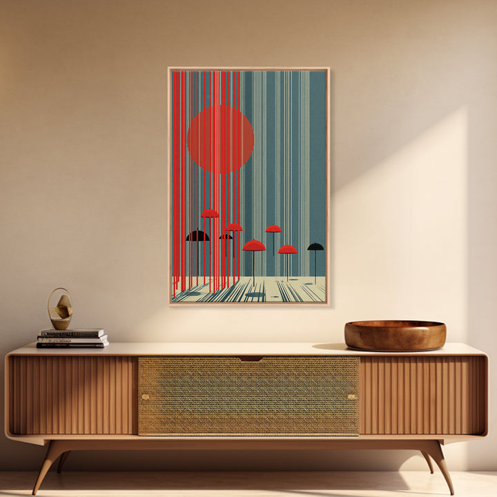 Teal Red Sun And Rain Umbrellas Canvas Print, Midcentury Modern Wall Art, Geometric Japanese Poster, Retro Decor Gift Idea