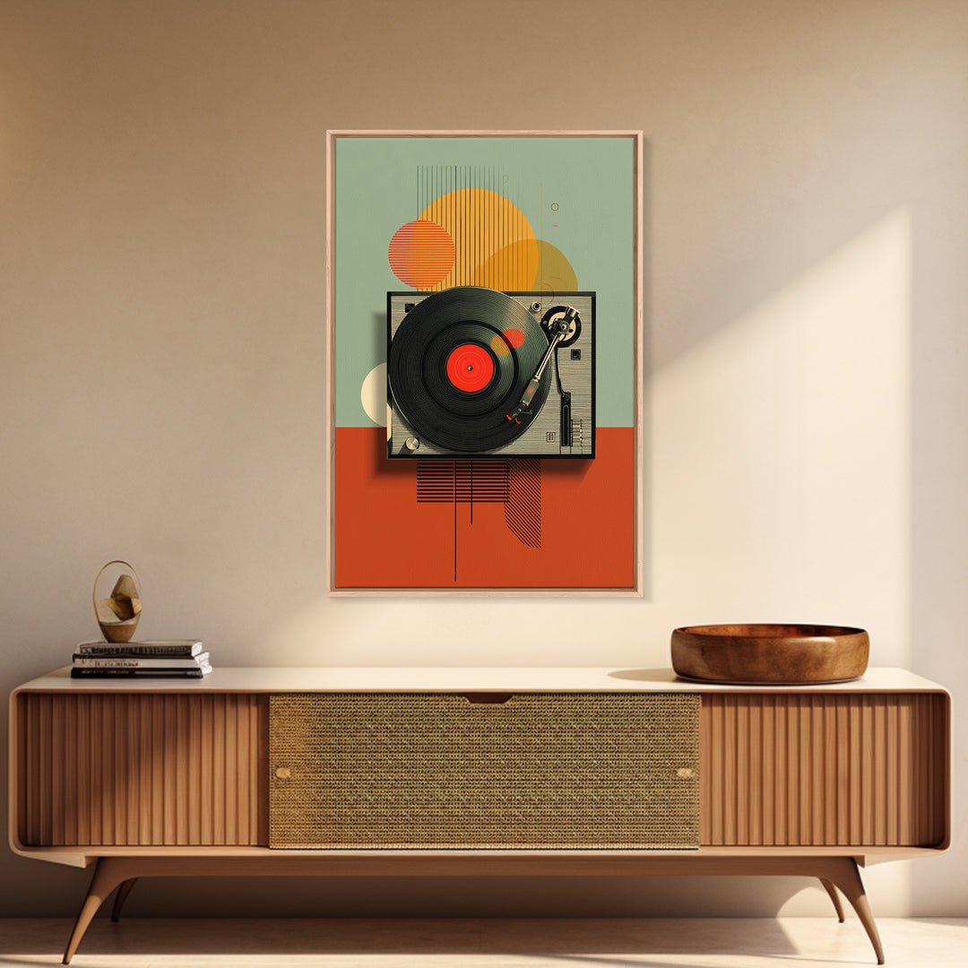 Retro Turntable Sun Shapes Framed Canvas Print, Midcentury Modern Wall Art, Orange Green Music Room Decor Poster For Vinyl Lovers