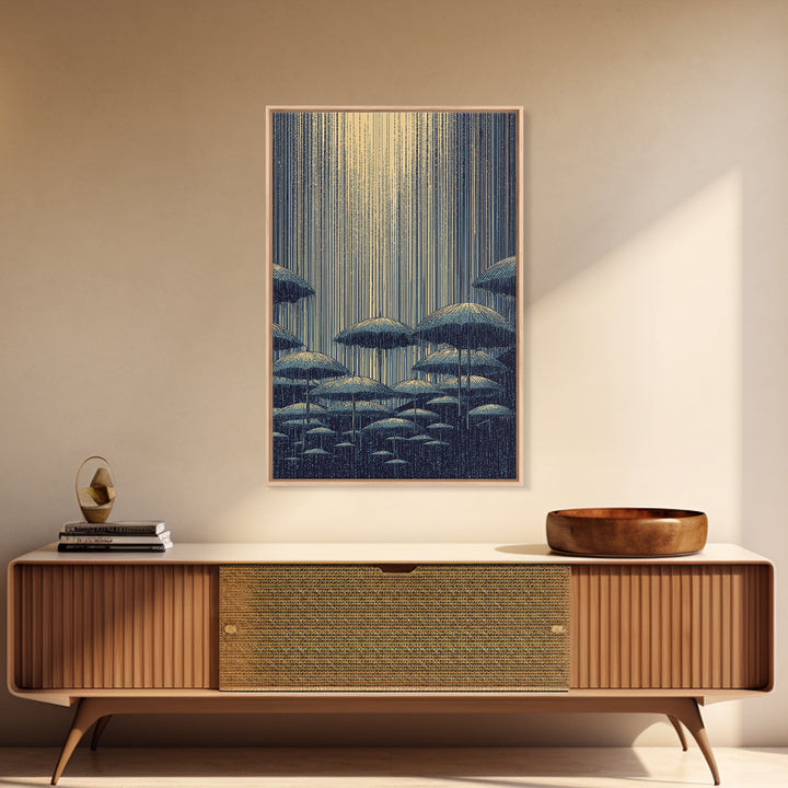 Blue Rainy Umbrella Moonlight Wall Art, Midcentury Modern Art Print, Japanese Poster Style, Retro Scenic Home Decor Gift