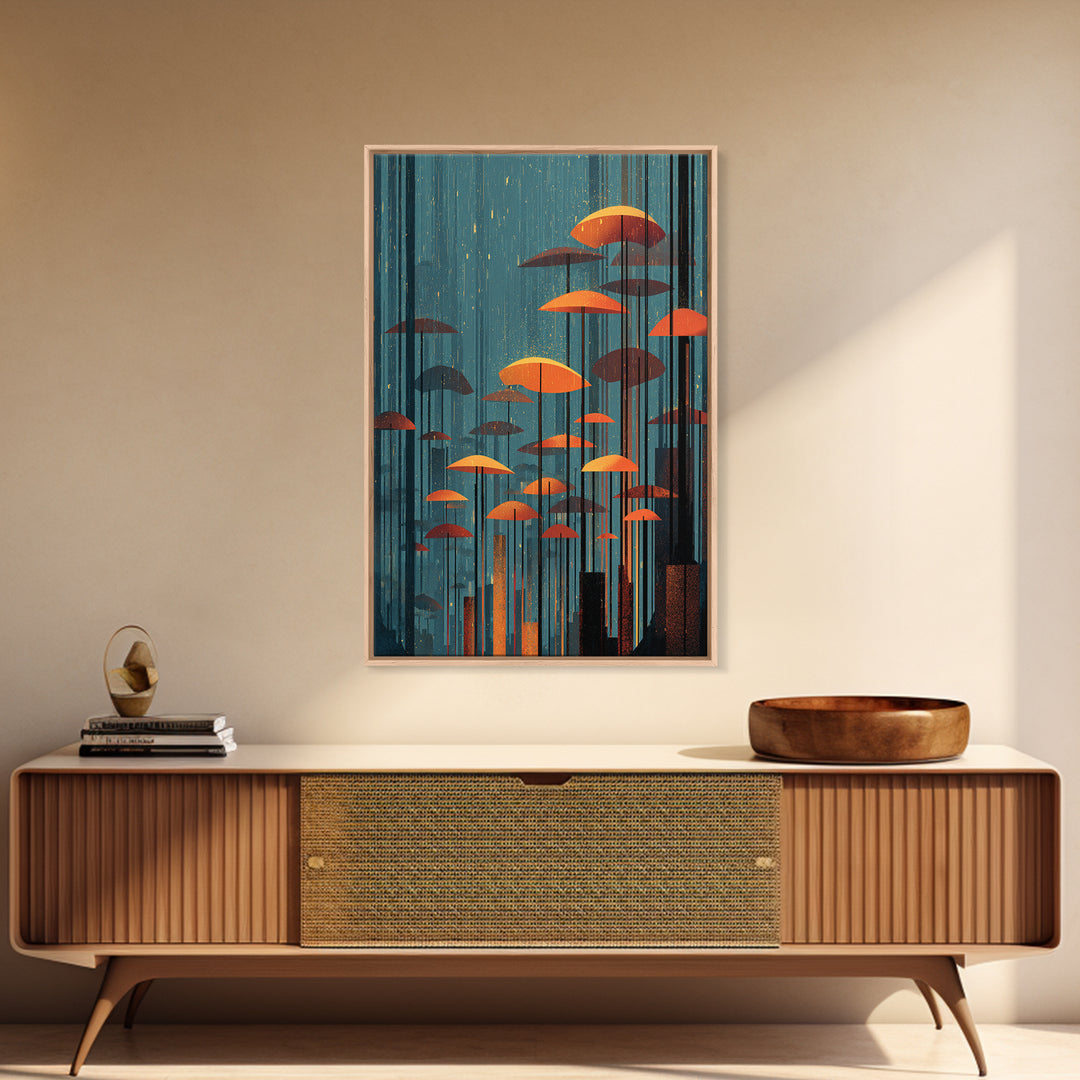 Rainy Teal Forest With Orange Umbrella Mushrooms Wall Art, Midcentury Modern Art Print, Retro Mcm Decor, Surreal Nature Poster