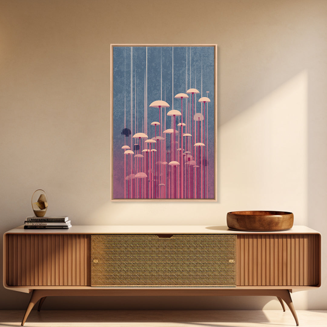 Pastel Pink Umbrella Forest In Mist Framed Canvas Print, Midcentury Modern Wall Art, Retro Mcm Decor, Dreamy Abstract Poster