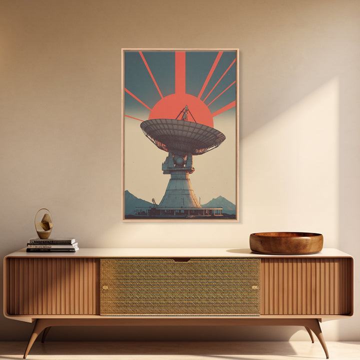 Mountain Radio Telescope With Red Sunbeams Framed Canvas Print, Midcentury Modern Wall Art, Retro Space Poster, Mcm Decor