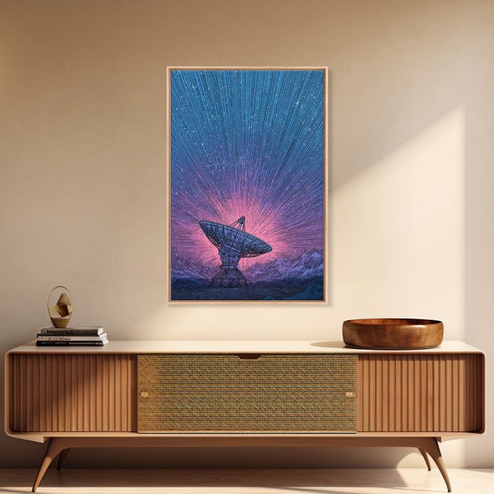 Mountain Satellite Dish With Pink Data Beams Wall Art, Midcentury Modern Sci Fi Poster, Space Abstract Art, Retro Decor Print