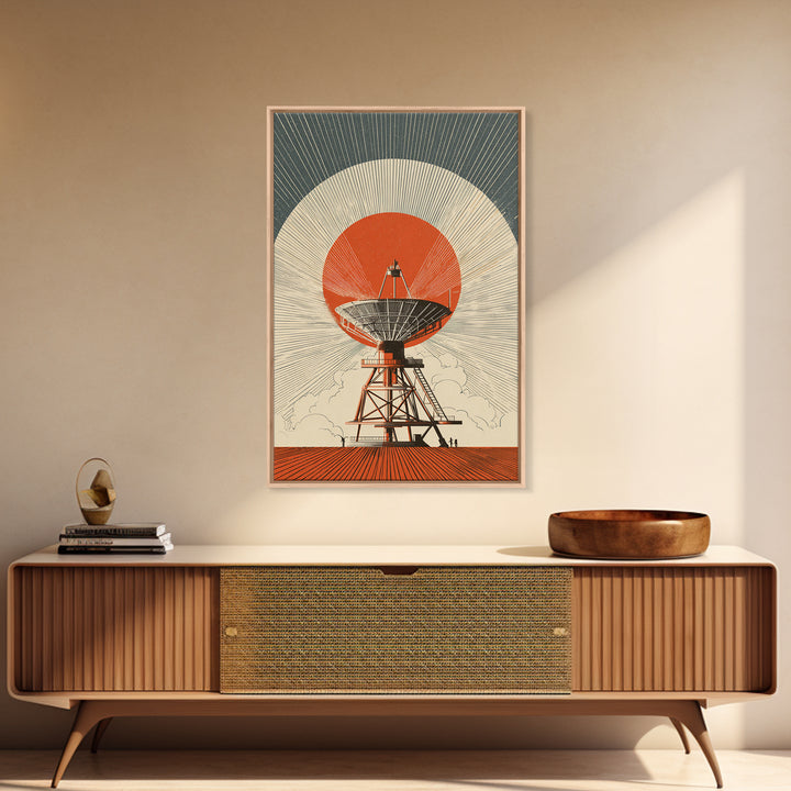 Orange Eclipse Radio Telescope In Desert Wall Art, Midcentury Modern Space Poster, Retro Futurism Decor, Geometric Art Print