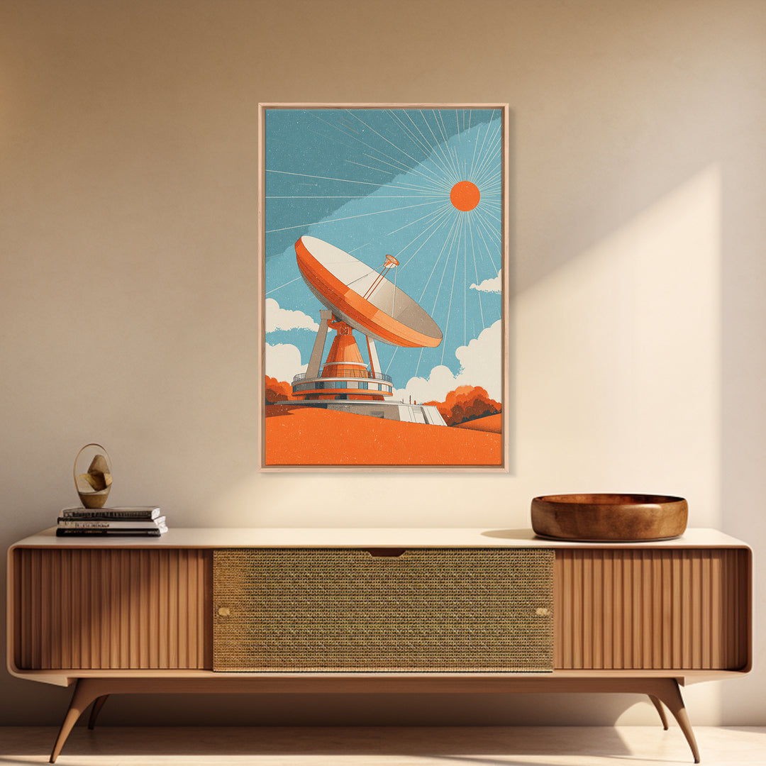 Orange Satellite Dish Under Blue Sun Canvas Print, Midcentury Modern Wall Art, Retro Space Poster, Atomic Mcm Office Decor