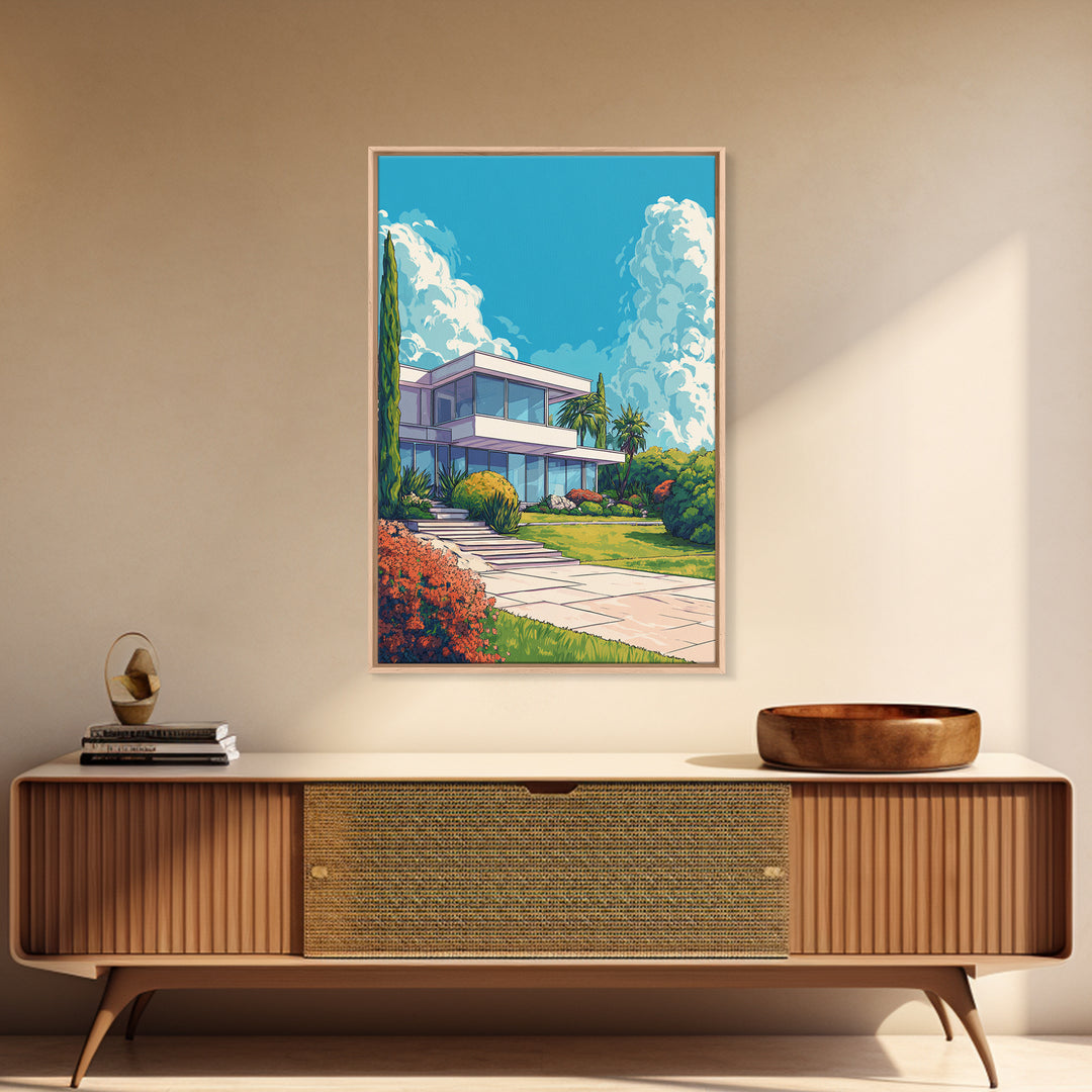 Palm Springs Modernist House Canvas Print, Mid Century Architecture Wall Decor, Retro Travel Poster, Colorful MCM Home Art