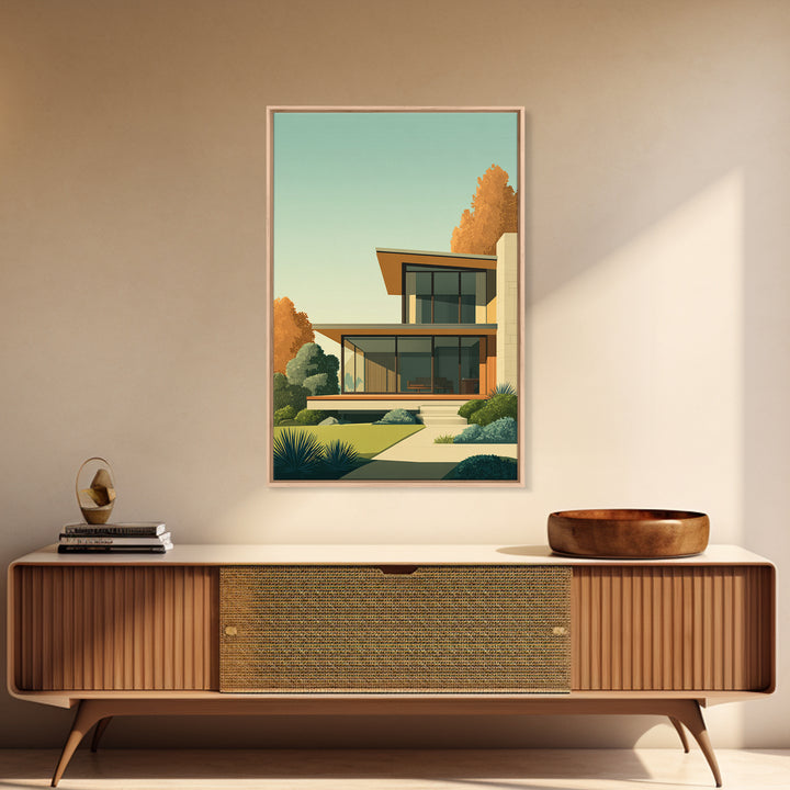 Warm Mid Century Modern House Framed Canvas Print, Architectural Wall Decor, MCM Home Artwork, Minimalist Retro Poster Prints
