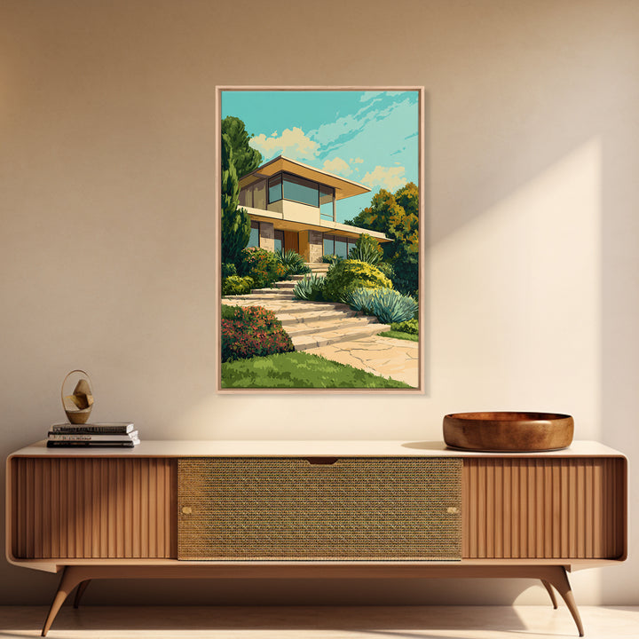 Lush Mid Century Modern House Canvas Print, Architectural Garden Wall Decor, MCM Landscape Poster, Retro Home Office Art