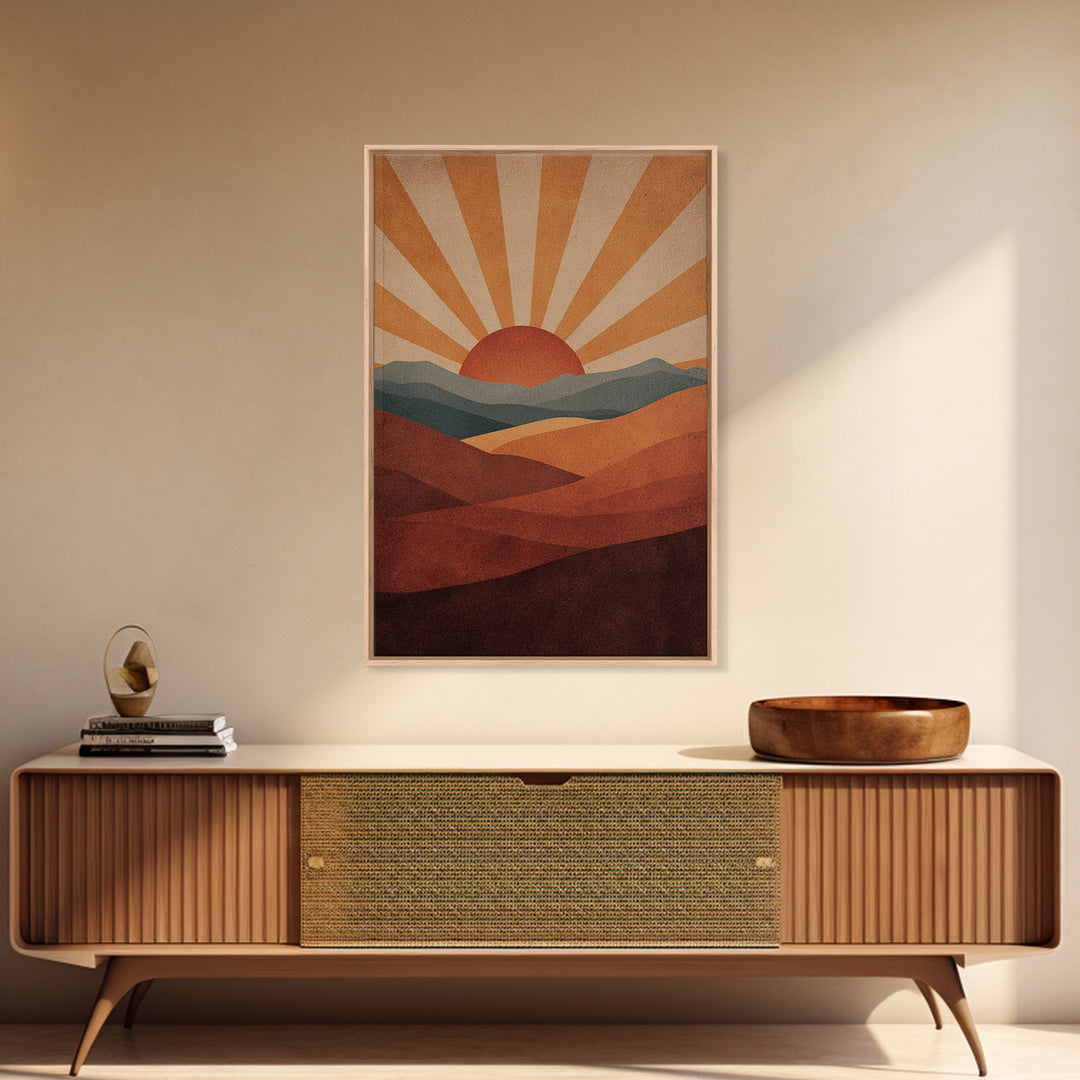 Retro Desert Sunrise Wall Art, Mid Century Sun Poster, Burnt Orange Landscape Print, Southwestern Decor, Boho MCM Art Gift