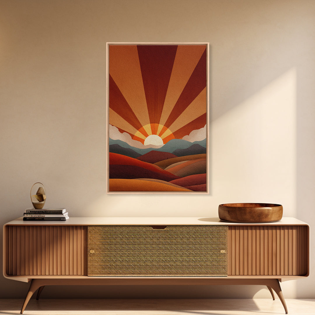 Burnt Orange Sunrise Wall Art, Retro Mountain Landscape Poster, Mid Century Sun Print, Warm Desert Decor, Boho MCM Art Gift