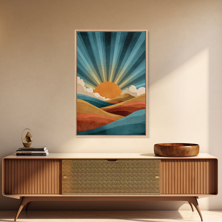 Teal Orange Sunrise Canvas Print, Retro Desert Mountain Wall Decor, Mid Century Sun Art, Boho Abstract Landscape Poster Print