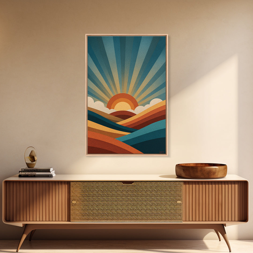 Geometric Sunrise Wall Art, Retro Rainbow Mountain Poster, Mid Century Sun Print, Colorful Abstract MCM Home Decor Gift Idea