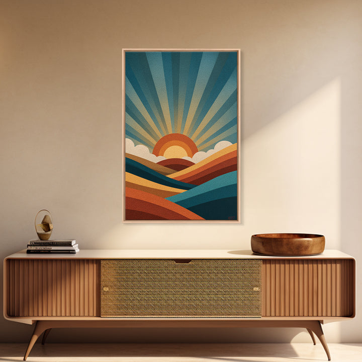 Geometric Sunrise Wall Art, Retro Rainbow Mountain Poster, Mid Century Sun Print, Colorful Abstract MCM Home Decor Gift Idea