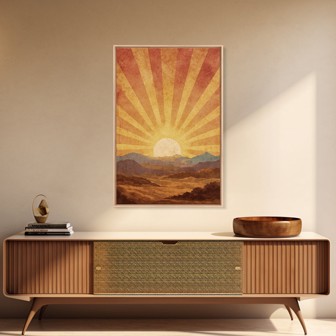 Radiant Desert Sunrise Mountains Wall Art, Mid Century Modern Poster, Retro Orange Landscape Print, Southwestern Living Room Decor