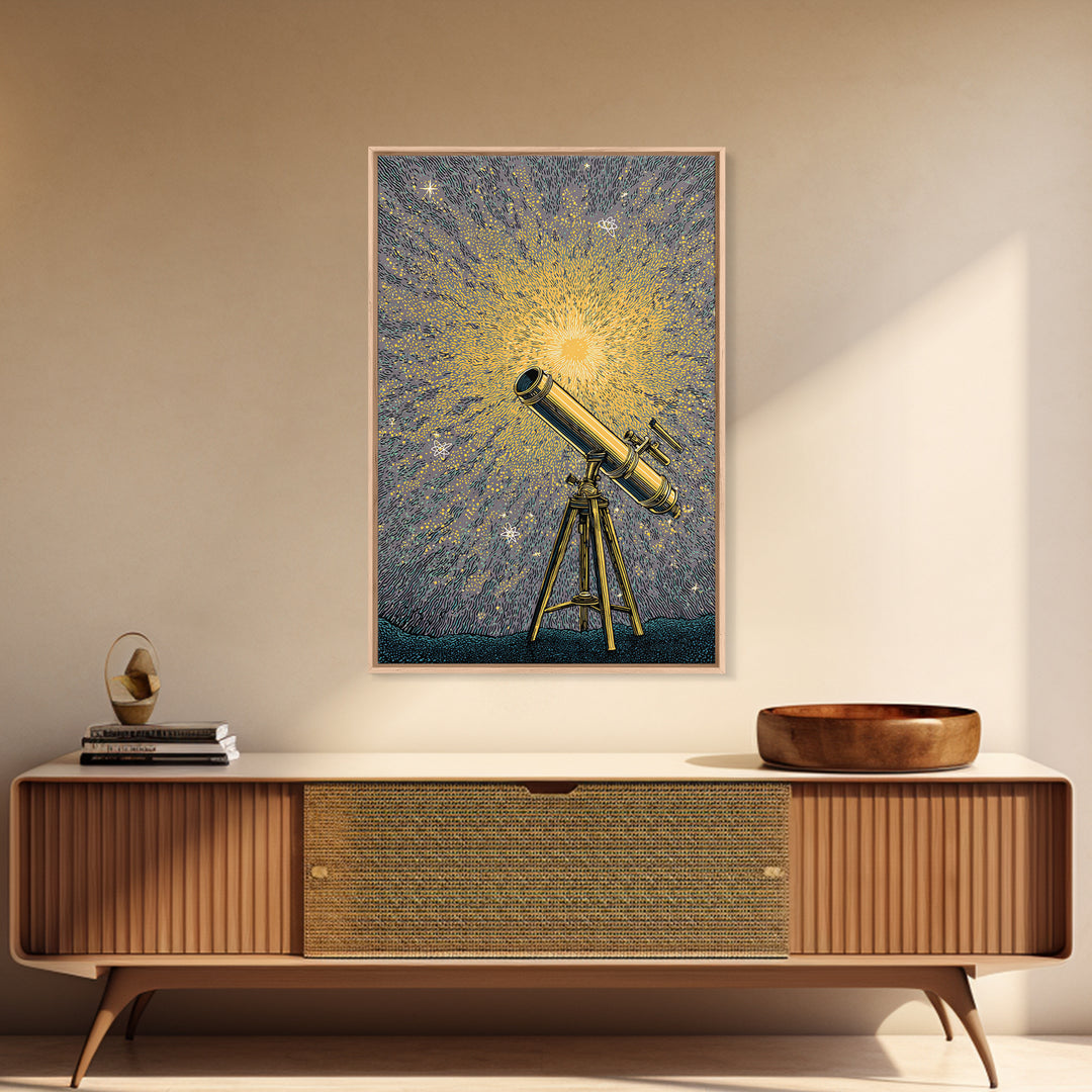 Golden Starburst Telescope Canvas Print, Mid Century Modern Astronomy Poster, Retro Space Wall Decor, Statement Office Art