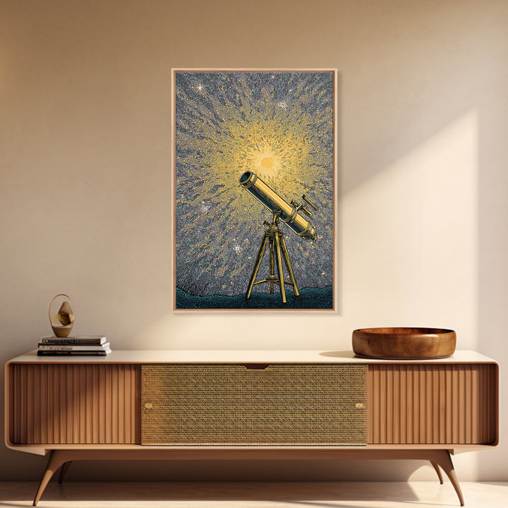 Golden Starburst Telescope Canvas Print, Mid Century Modern Astronomy Poster, Retro Space Wall Decor, Statement Office Art
