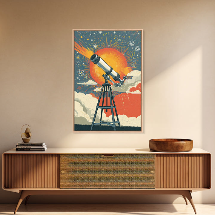 Giant Sun Telescope Wall Art, Mid Century Modern Space Poster, Colorful Atomic Astronomy Print, Retro Office Decor Gift Idea