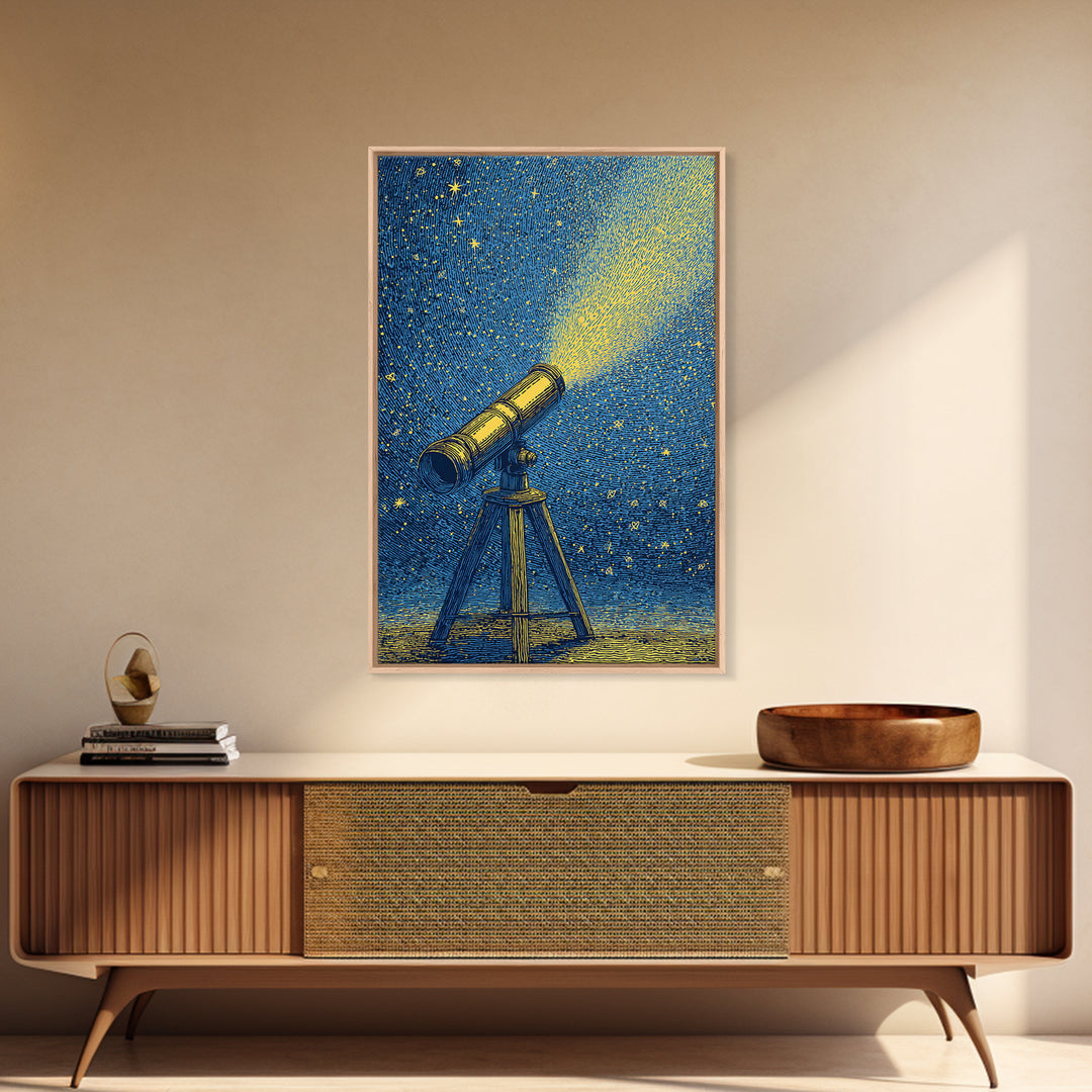 Blue Night Telescope Canvas Print, Mid Century Modern Astronomy Poster, Starry Space Wall Decor, Retro Science Gift For Him